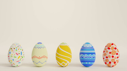 3D illustration of 5 colorful eggs Easter on the white background and shadow effect 