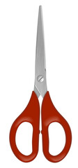 Realistic scissors with red handles. Professional or hobby tool. Detailed graphic design element. Office supply, school stationery. Isolated png cutout clipart