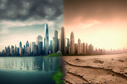 Effects produced by climate change. Photomontage of a city to see the before and after problems with global warming. Impact, risk, ecosystem, environmental, destruction. Generative AI.