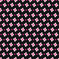 Seamless vector pattern with pink small flowers for textiles on a black background