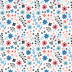 Seamless vector pattern with cute little flowers and twigs on a white background in a rustic style. Retro style ornament with abstract colors for textiles