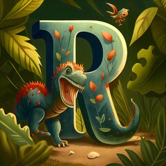 Cute letter A-Z illustration for childrens book with Dinosaur character, generative ai, colorful preschool illustration, round decorative graphic art for kids
