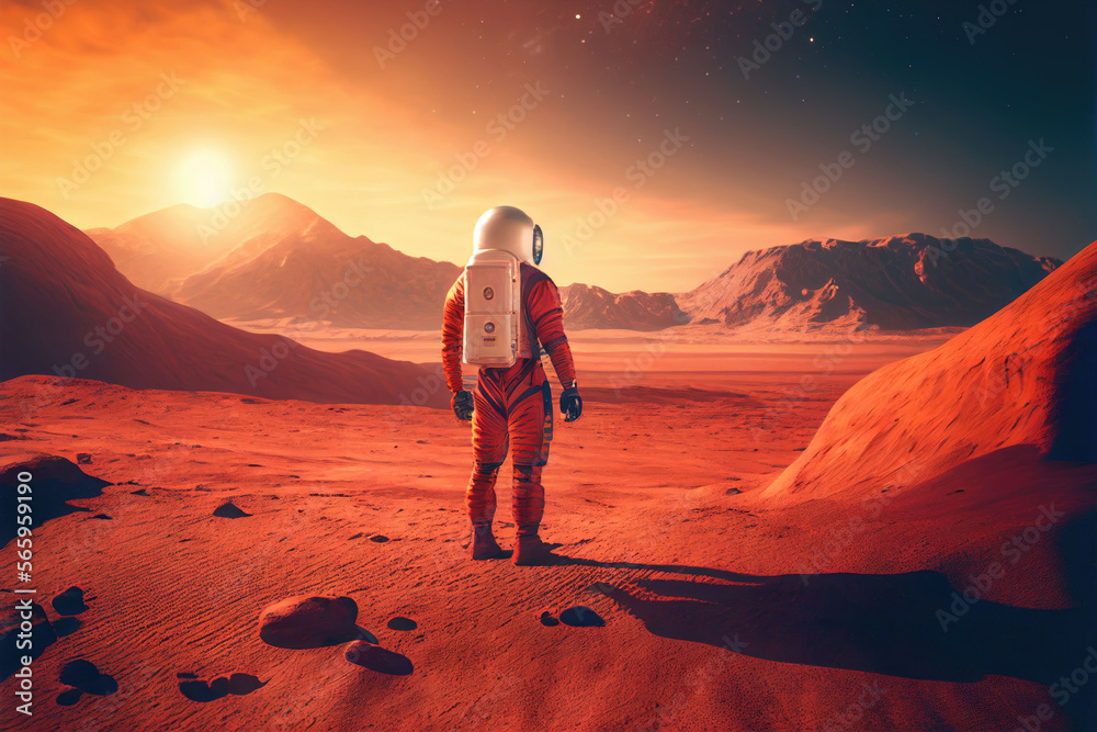 Wall mural alone astronaut in space suit on surface of red planet. space exploration, colonization of new plane