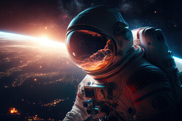 Fototapeta na wymiar Astronaut in space suit flying in outer space with planet on background, close up. Deep space exploration. Created with generative ai