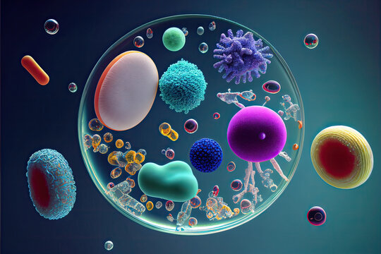 Macro shot of different types of microbes. Virus cells and bacteria on abstract background. Created with generative ai