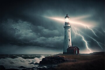  a lighthouse with a storm in the background and lightning in the sky above it, with a lighthouse on a rocky shore with a red building in the foreground.  generative ai