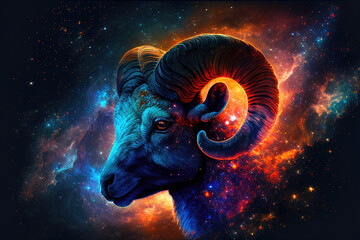 Aries zodiac sign against space nebula background. Astrology calendar. Esoteric horoscope and fortune telling concept. Created with Generative AI - obrazy, fototapety, plakaty