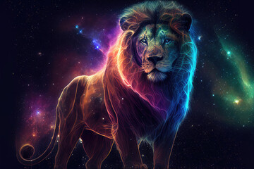 Lion or Leo zodiac sign against space nebula background. Astrology calendar. Esoteric horoscope and fortune telling concept. Created with Generative AI