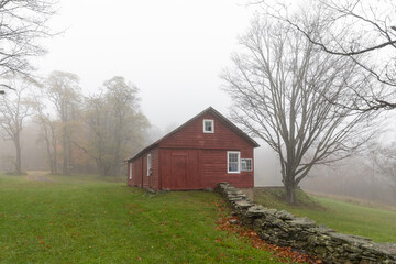 Red Farm Barn on Foggy Morning