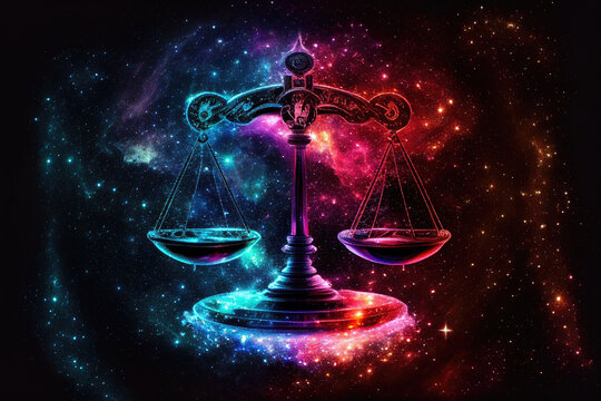 Libra zodiac sign against space nebula background. Astrology calendar. Esoteric horoscope and fortune telling concept. Created with Generative AI