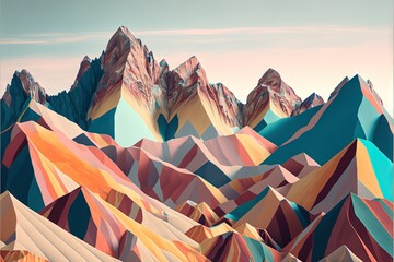 Fototapeta na wymiar a painting of a mountain range with a sky background and a blue sky in the background with a few clouds in the sky and a few mountains. generative ai