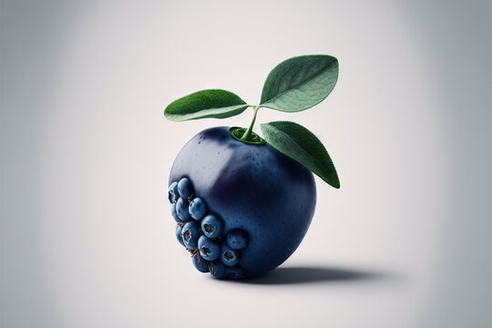  a blue apple with a green leaf sticking out of it's side, with a blue background and a white background with a light reflection.  generative ai