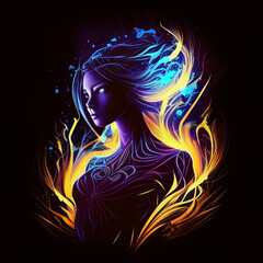 ILUSTRACION DE SILUETA DE MUJER DE PERFIL Y SU ENERGIA. IA GENERATIVA. COLOR. FONDO NEGRO