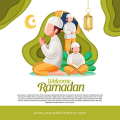 Ramadan Greeting Square Social Media Post Template With Muslim Man Praying and Reading Quran Illustration