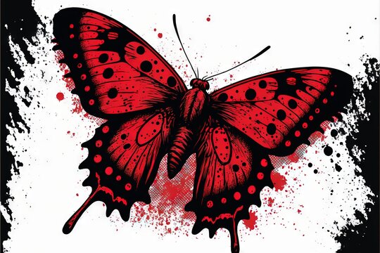  a red butterfly with black spots on it's wings and wings spread out, with a white background and a black border around the edges.  generative ai