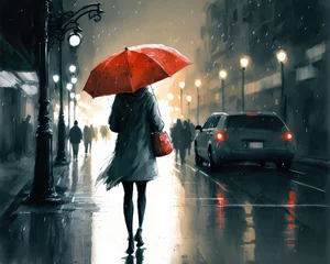 Fotobehang illustration painting of woman with red umbrella crossing the street,rainy night. (ai generated) © ImagineDesign
