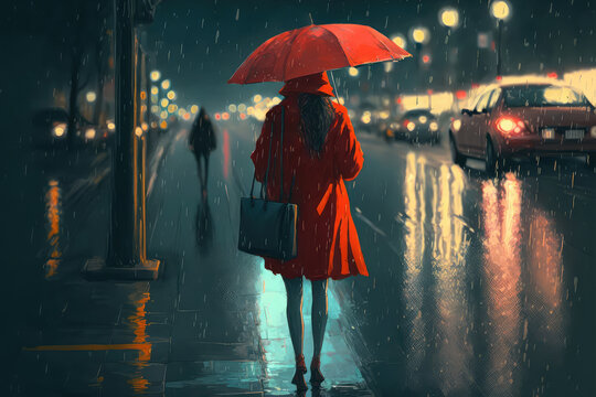 illustration painting of woman red shirt with red umbrella crossing the street,rainy night. (ai generated)