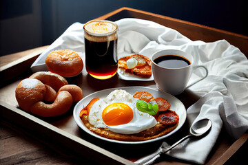 Fototapeta na wymiar Turkish breakfast in bed with fried egg for good breakfast