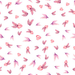 Hand drawn watercolor seamless pattern with pink hearts and feathers for Valentine's Day, wedding design, wallpaper, wrapping paper, tablecloth, sweets, gift boxes, fabrics. 