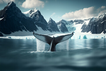 Whale tail on the sea in front of the background of glaciers on the continent of Antarctica Generative AI