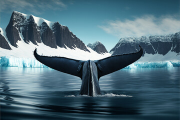 Whale tail on the sea in front of the background of glaciers on the continent of Antarctica Generative AI