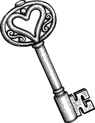 Heart shaped key ink sketch.