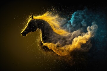 Fototapeta na wymiar Space horse background in yellow and indego smoke with shiny glitter particles-stan