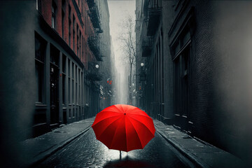  a red umbrella is standing in the middle of a street in the rain, with a dark alley way in the background and a red frame.  generative ai