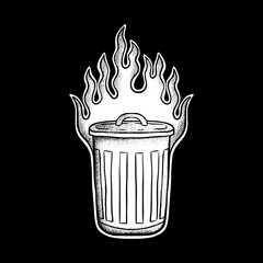 Trash can flaming art Illustration hand drawn black and white vector for tattoo, sticker, logo etc
