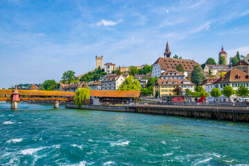 Fototapeta premium Scenic summer aerial panorama of the Old Town medieval architecture in Lucerne, Switzerland