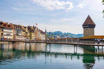 Scenic summer aerial panorama of the Old Town medieval architecture in Lucerne, Switzerland