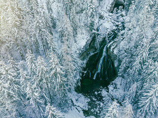 Aerial View of the Gollinger Wasserfall Waterfall in Winter in Golling, Salzburg, Austria