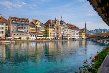 Scenic summer aerial panorama of the Old Town medieval architecture in Lucerne, Switzerland