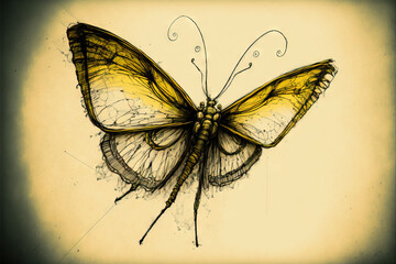 Fototapeta na wymiar a drawing of a butterfly on a yellow background with a black border around it and a black outline of the butterfly on the right side of the frame. generative ai