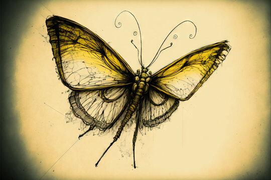  a drawing of a butterfly on a yellow background with a black border around it and a black outline of the butterfly on the right side of the frame.  generative ai