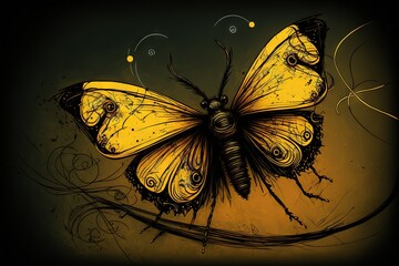 a yellow butterfly with black wings and a black background with swirls and dots on it's wings, with a black background with a yellow background with a black and yellow butterfly.  generative ai