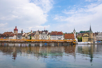 Scenic summer aerial panorama of the Old Town medieval architecture in Lucerne, Switzerland