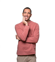 Concerned young man with a toothache gesture