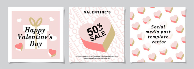 Happy Valentines Day square banner for social media posts, mobile apps, banners, digital marketing, 
sales promotion and website ads. Vector backgrounds, geometric style with hearts pattern.