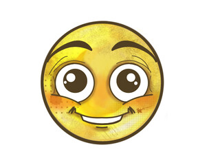 Part of a collection of hand-drawn emoticons, the ' interested ' emoji is part of this unique series, featuring cute and quirky stamps, watercolor paint effects and emotive expressions.