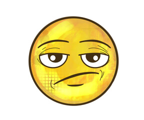 Part of a collection of hand-drawn emoticons, the ' jaded ' emoji is part of this unique series, featuring cute and quirky stamps, watercolor paint effects and emotive expressions.