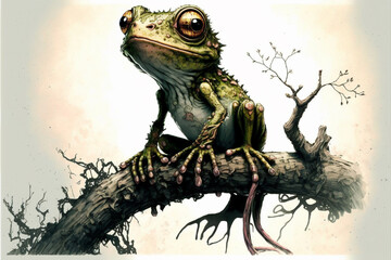 cartoon character cute Frog on a branch, front view Generative AI