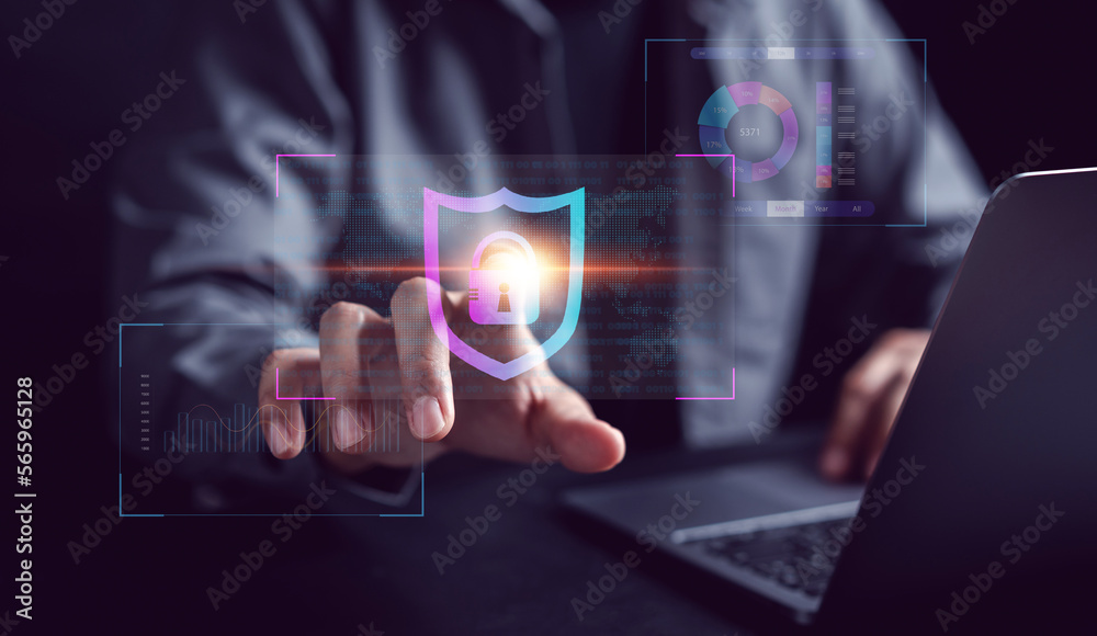 Poster Cybersecurity and privacy concepts to protect data. businessman with internet network security technology. Businessman locking personal data on computer with virtual screen interfaces. cyber security.