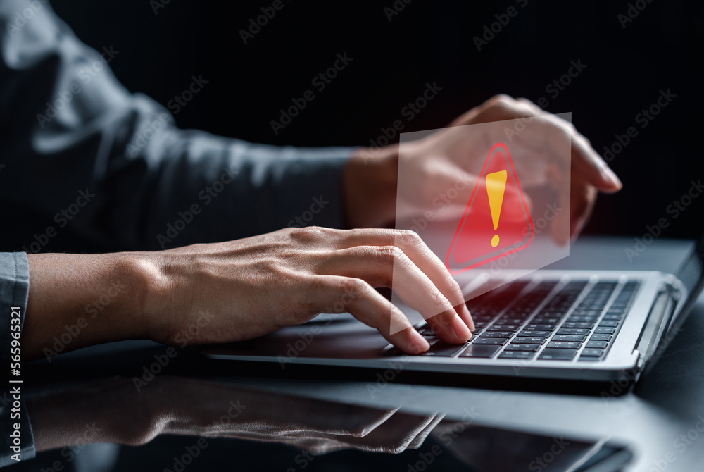 Aufkleber System warning caution sign for notification error and maintenance concept. cyber attack on computer network. Cybersecurity vulnerability, data breach, illegal connection, compromised information.