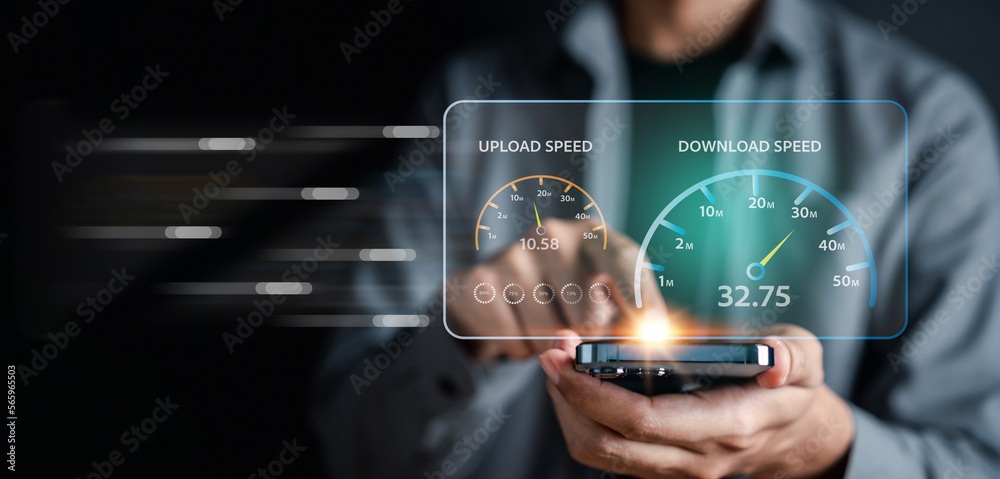 Poster Fast internet connection speedtest bandwidth network technology, Man using Internet high speed by smartphone and laptop computer, 5G quality, speed optimization.
