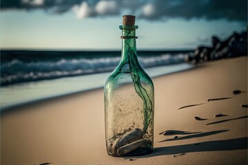  a bottle with a green liquid inside sitting on a beach near the ocean and a cloudy sky above it, with a few footprints in the sand.  generative ai