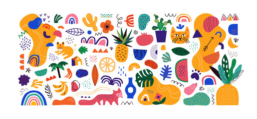 Set of colorful trendy shapes in childish hand drawn style. Modern flat drawing cartoon collection. Summer jungle decoration and exotic tropical animals on isolated background.	