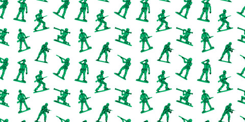 Retro toy soldier doodle seamless pattern illustration. Colorful 90s style green military men background for nostalgia concept or children game print.