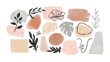 Minimalist abstract nature art shapes collection. Watercolor doodle bundle for fashion design, summer season or natural concept. Modern hand drawn plant leaf and tropical shape decoration set.	