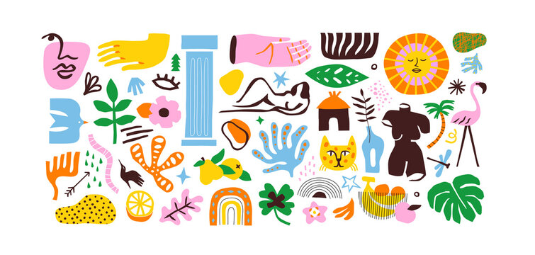 Set of trendy doodle and abstract nature icons on isolated background. Colorful summer collection, unusual organic shapes in freehand matisse art style. Includes people, floral art and texture bundle	